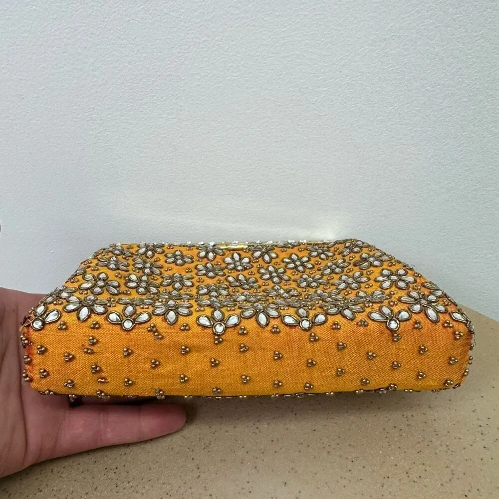 Meera Mahadevia Fully Embellished Satin Marigold Yellow Clutch Purse